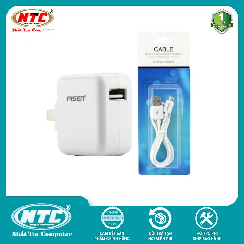 Bộ cáp và cốc sạc Pisen 2A cổng microUSB dành cho điện thoại Android (Trắng) - Nhất Tín Computer
