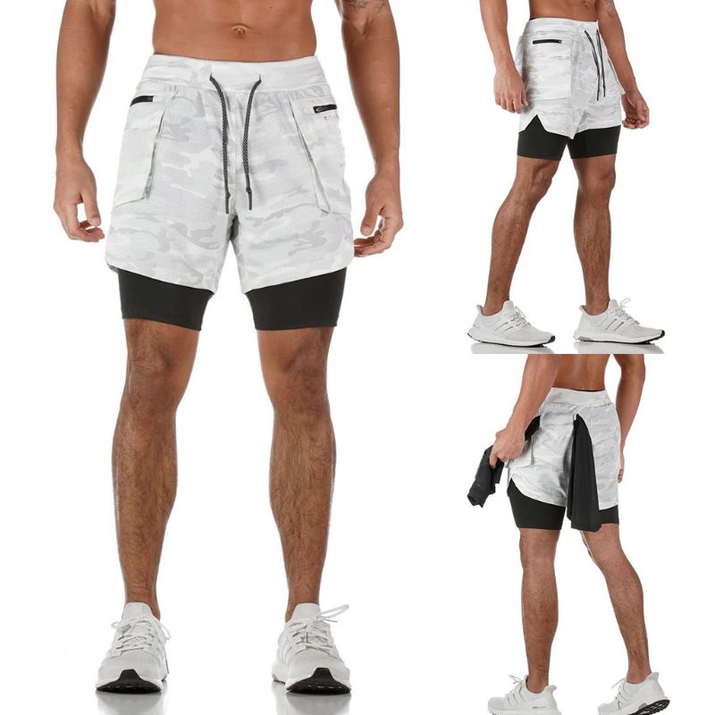 Quần Short Thể Thao 2 Trong 1 Phối Khóa Kéo Họa Tiết Rằn Ri Cá Tính Cho Nam