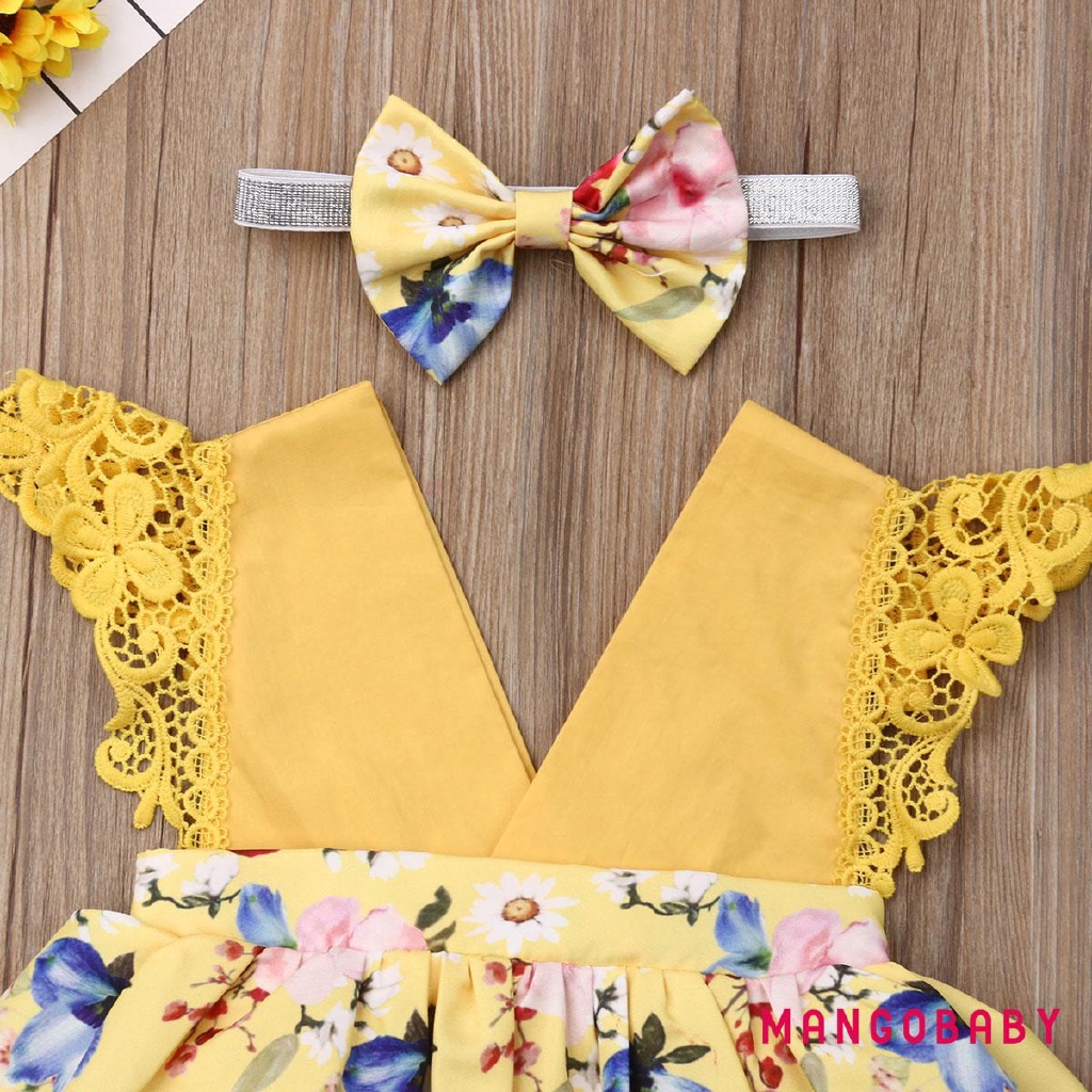 ♬MG♪-Baby Girl Infant Flower Bodysuit+Headwear Or Sleeveless Pop Dress Outfit Cotton Girls Summer Wear