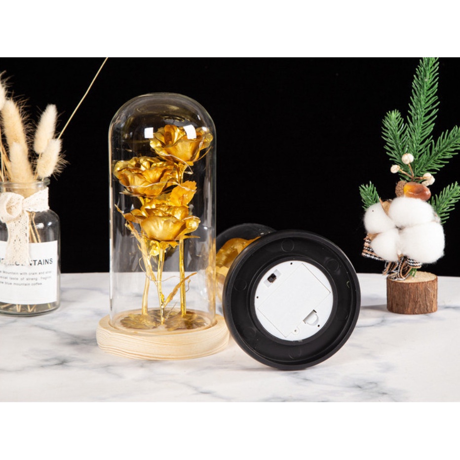 Hoa hồng mạ vàng cao cấp đựng trong bình thủy tinh đèn led có kèm pin, đèn hoa hồng sang trọng trưng bày decor