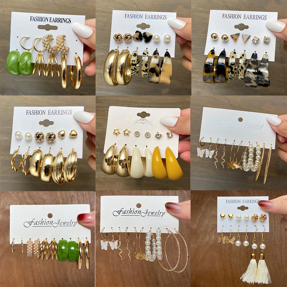 iF YOU Set 6 đôi bông tai bằng nhựa resin ngọc trai/ mặt hình bướm thời trang cho nữ