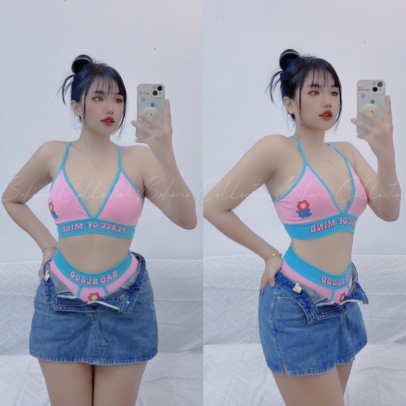 Bikini hồng viền xanh bông hoa siêu dethuong - CarotShop