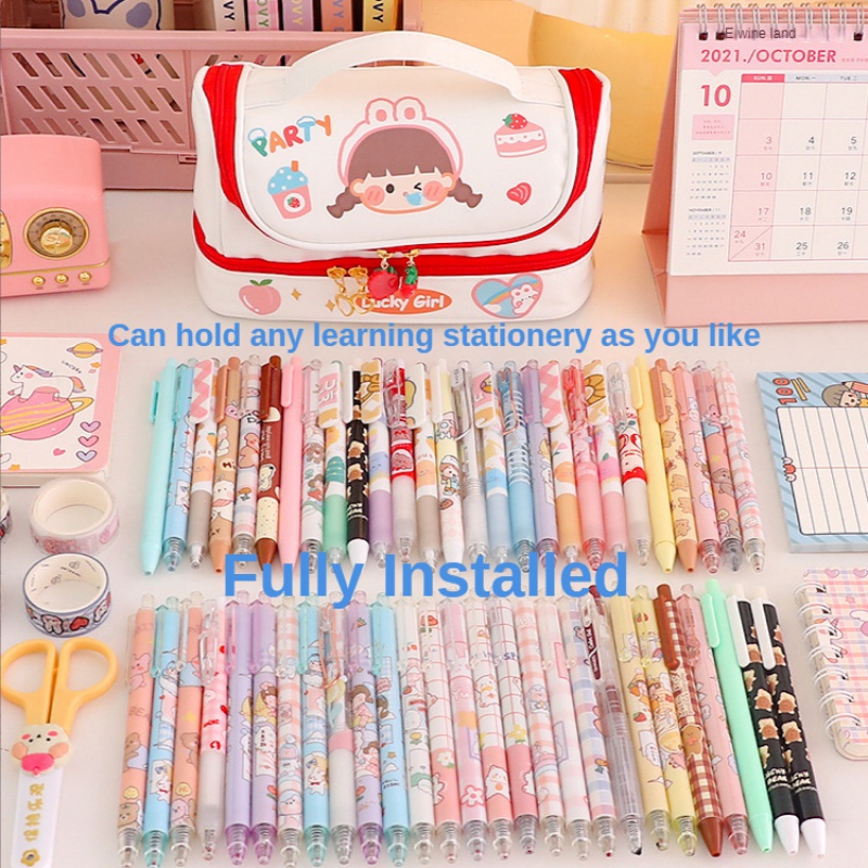 Hộp Đựng Bút / Mỹ Phẩm Hai Ngăn Sức Chứa Lớn Họa Tiết Hoạt Hình