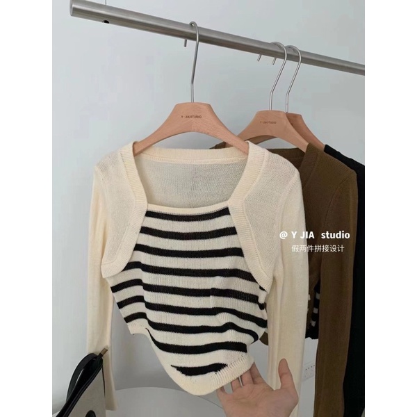 NZN Áo Len Tay Dài Cổ Vuông Giả Hai Lớp Họa Tiết Kẻ Sọc Màu Tương Phản Phong Cách retro Hàn Quốc Dành Cho Bạn Nữ