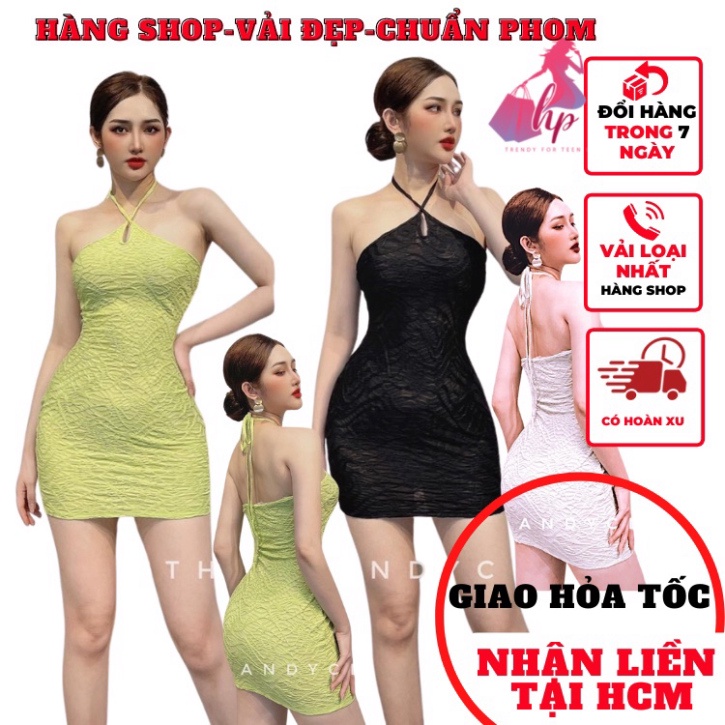 Đầm yếm nữ hở lưng cột nơ, váy body dáng ngắn vải xốp quảng châu mầu đen kiểu hàn quốc thời trang VD198 -HP