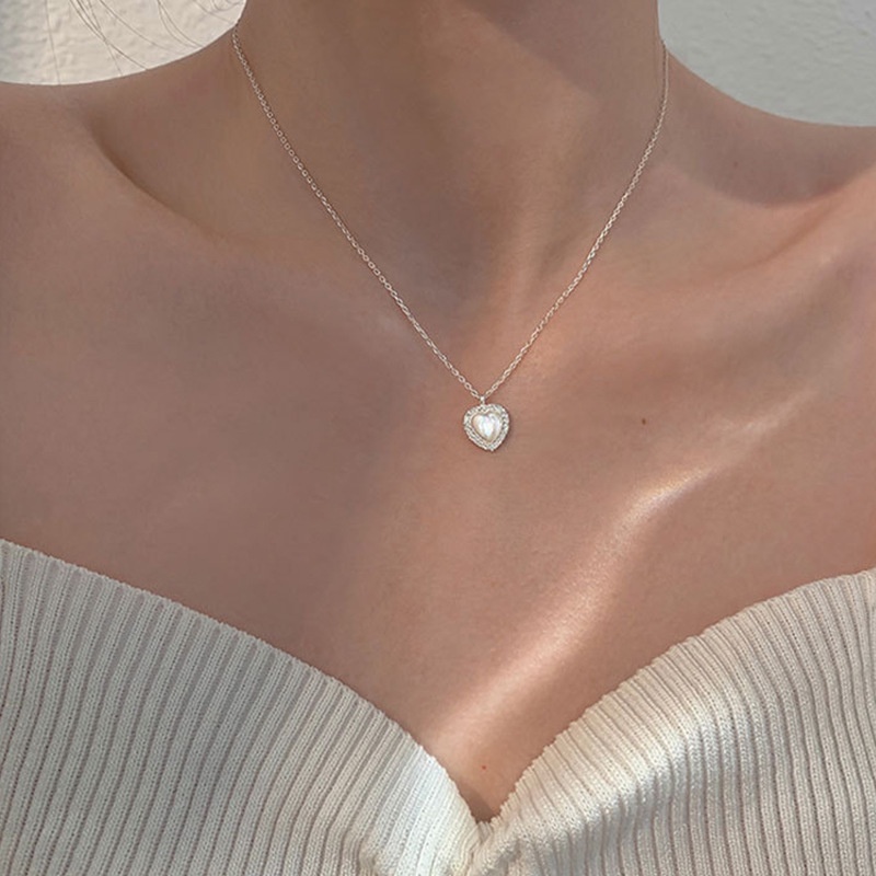 Dây Chuyền Mặt Trái Tim Đính Đá Opal Lấp Lánh Phong Cách Hàn Quốc