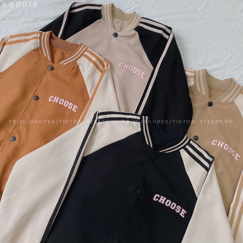Áo khoác bóng chày bomber kaki da lộn 2 lớp in choose unisex ulzzang nam nữ