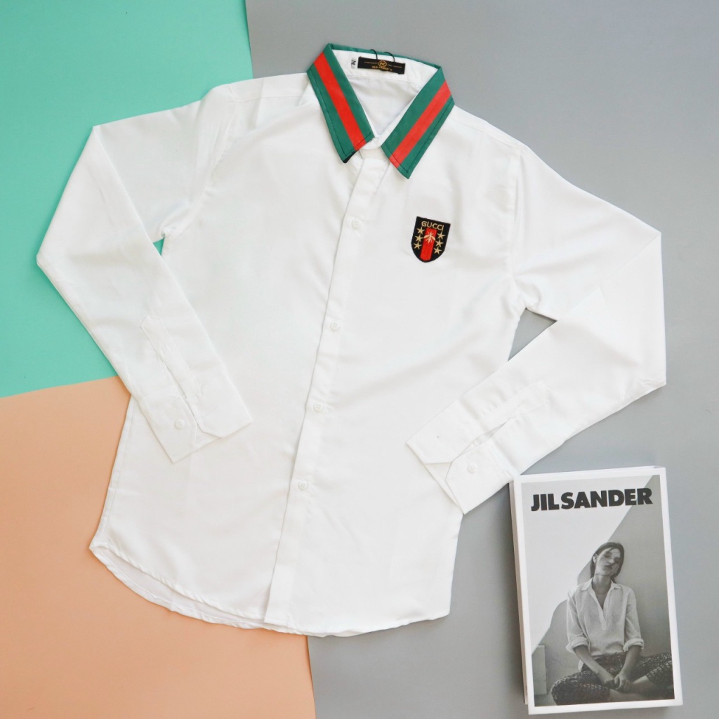 Áo Sơ Mi Nam Dài Tay Kiểu Dáng Unisex Logo Thêu Phối Viền Cổ Form Chuẩn Mặc Đẹp Siêu Hot [NEW UNISEX]