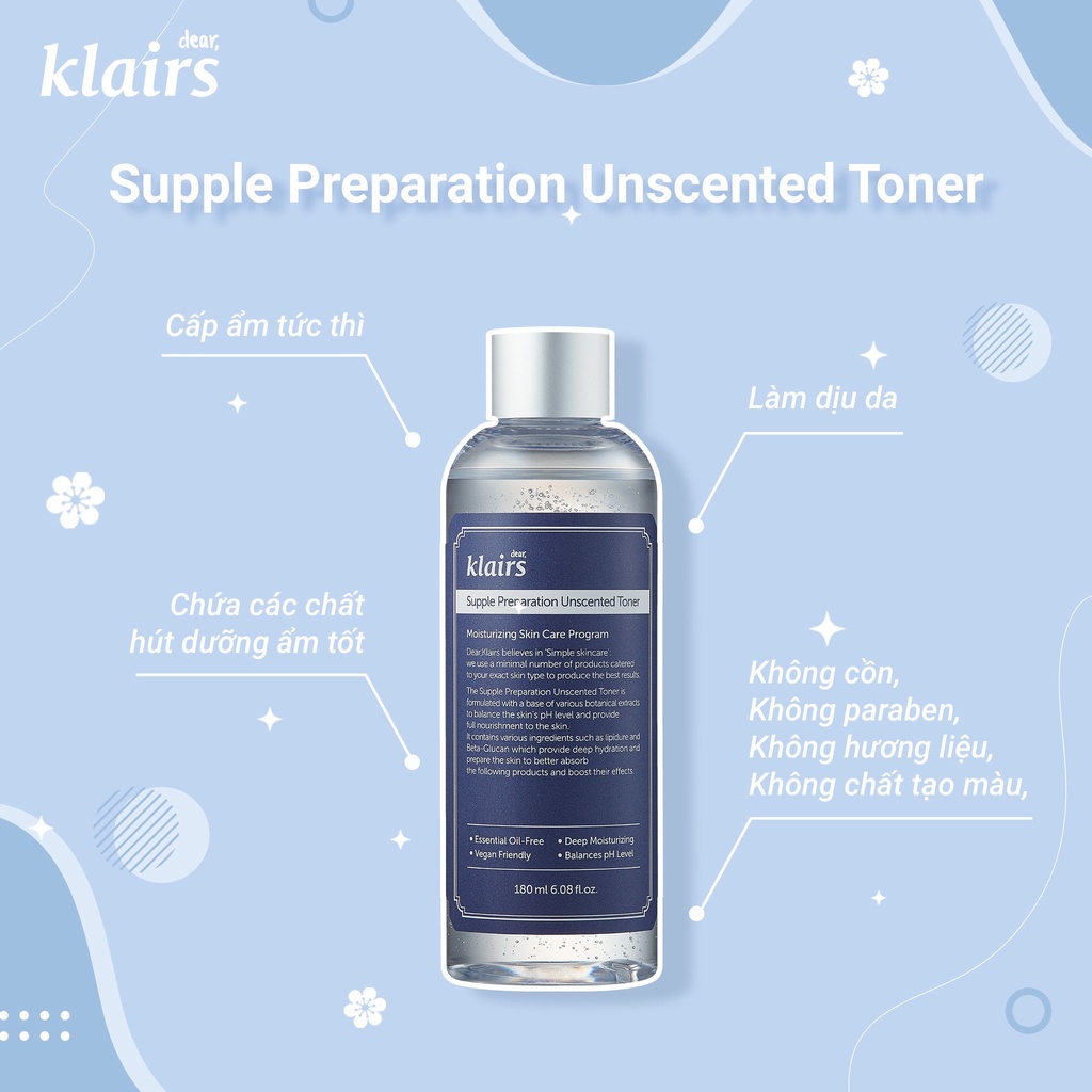 Nước Hoa Hồng Dưỡng Ẩm, Làm Dịu Da Không Mùi Klairs Supple Preparation Unscented Toner 180ml