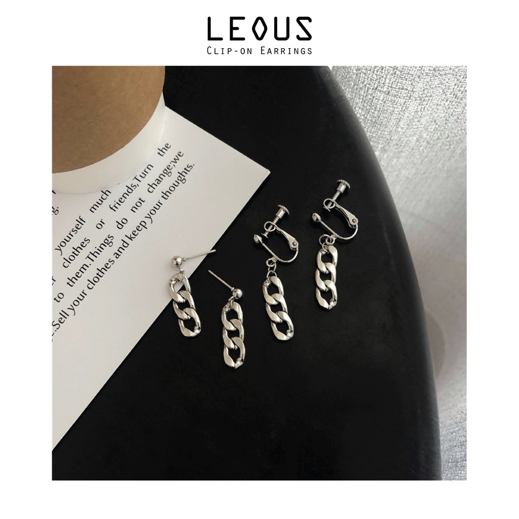 Khuyên tai kẹp không bấm lỗ chốt điều chỉnh K055 bằng hợp kim mạ bạc hình khối dáng dài Leous Accessories