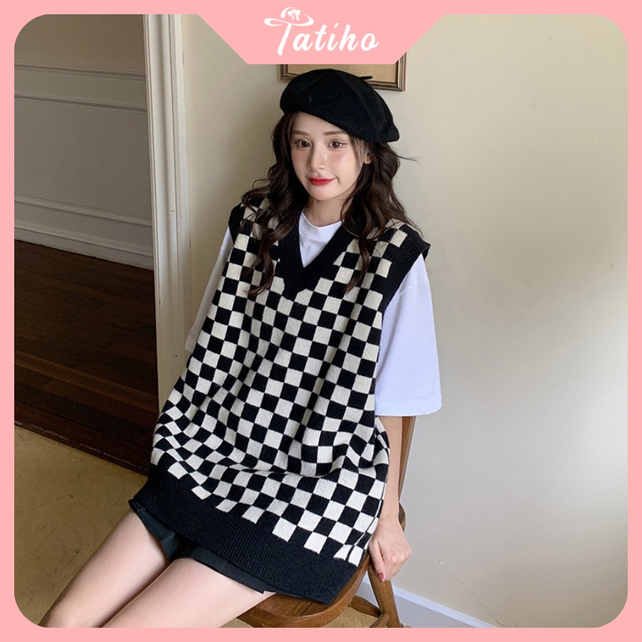 Áo Gile Len Trơn ( Áo Không Tay) Thời Trang Vintage Họa Tiết Caro Hottrend Thời Trang Thu Đông - Tatiho - Mã AK015