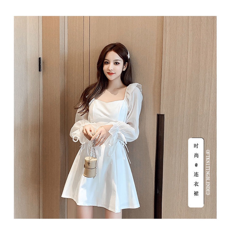 Đầm Dài Tay Cổ Vuông Thời Trang Mùa Xuân Pháp Dành Cho Nữ