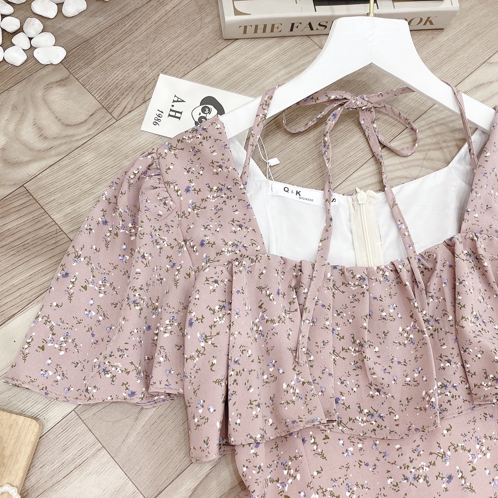 Váy hoa nhí tầng viển bèo đầm tơ mền tay nhỡ-MINXY SHOP