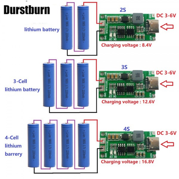 Bộ Sạc Pin Li-Ion Từ 2S 3S 4S Type-C Sang 8.4V 12.6V 16.8V 18650 Lithium