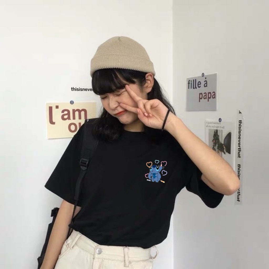 Áo thun tay lỡ  Stitch Tim  phông Unisex nam nữ tee oversize form rộng pull Ulzzang Streetwear Hàn Quốc vải mềm