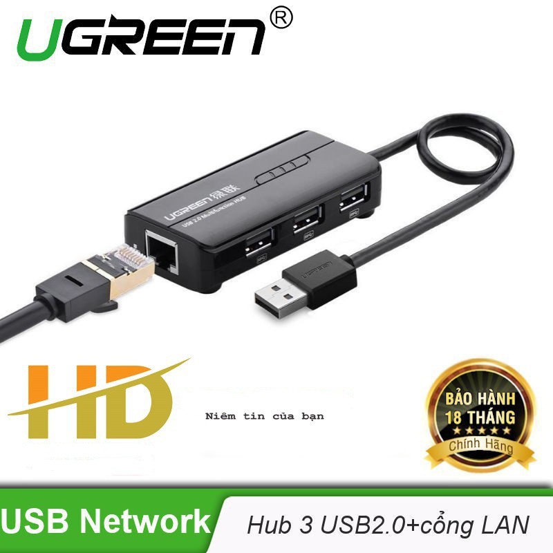 Bộ chuyển USB to LAN và Hub USB 2.0 - Hỗ Trợ Mi Box có nguồn phụ chính hãng Ugreen 20264