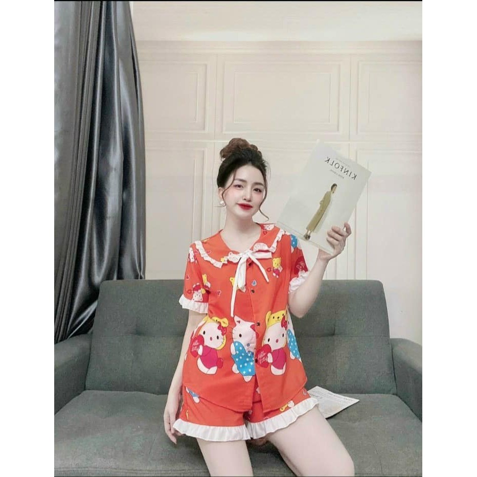 Bộ mặc nhà nữ lụa Hàn áo cổ bèo quần ngắn mặc nhà siêu xinh, vải đẹp
