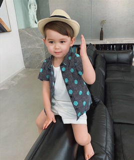 (13-22kg) Áo sơ mi cộc tay chấm bi bé trai (có ảnh thật)
