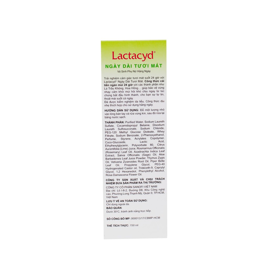 Lactacyd Ngày Dài Tươi Mát - Chai 150ml - Làm Sạch Vùng Kín, Ngăn Mùi Suốt 24 Giờ