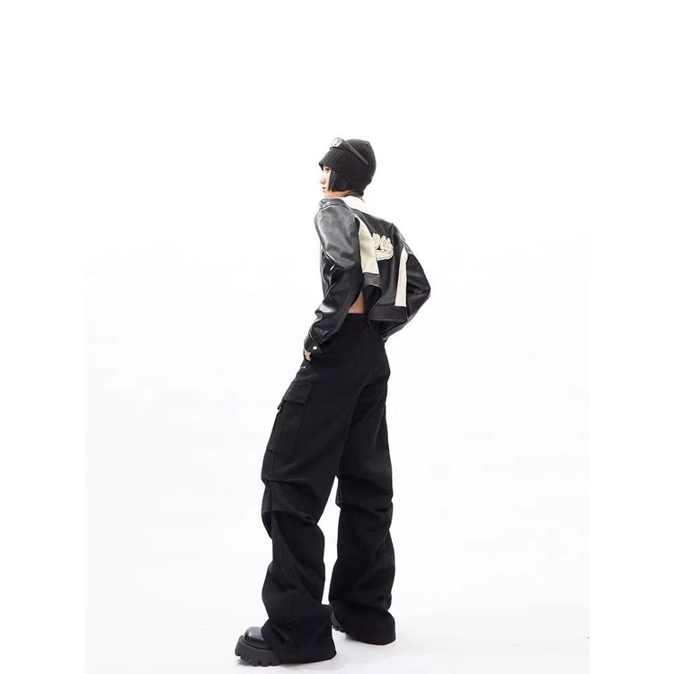 Áo Khoác Da PU Cổ Đứng Phối Khóa Kéo Thêu Họa Tiết Thời Trang Mùa Thu Cho Nữ