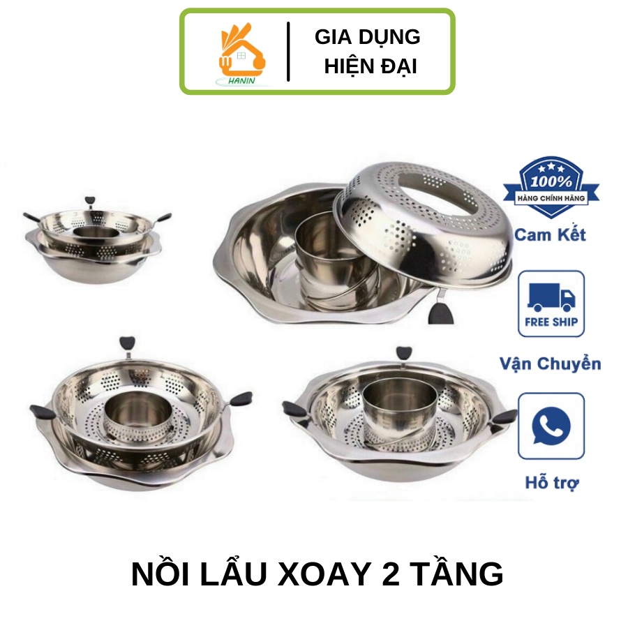 Nồi lẩu xoay 2 tầng inox - Nồi lẩu inox 2 tầng dùng được cả bếp từ và bếp gas