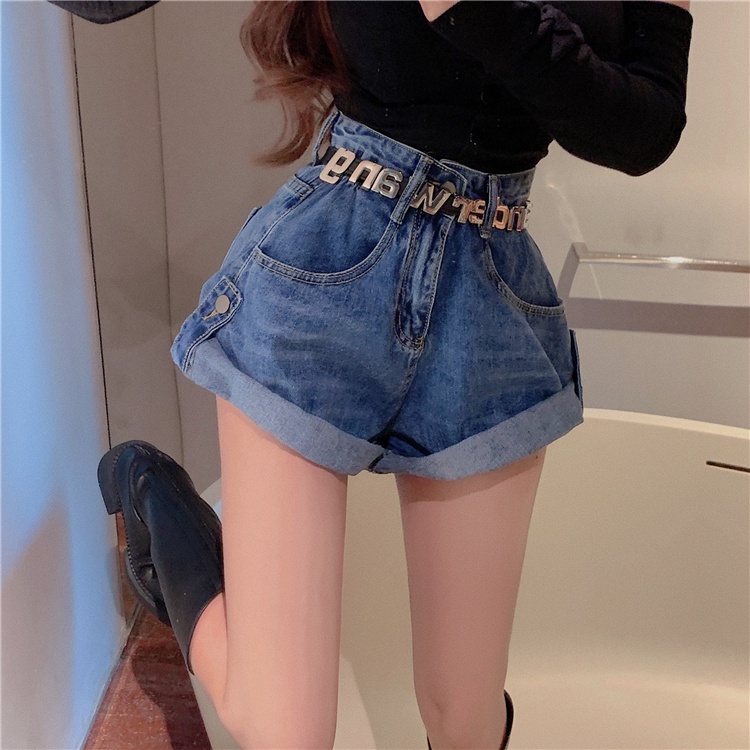 Quần Short Denim Ống Rộng Lưng Cao Uốn Xoăn Phong Cách Trung Hoa Thời Trang Mùa Hè Mới