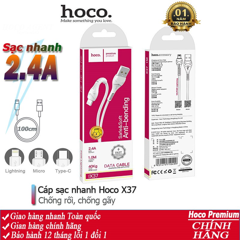 Cáp sạc nhanh Hoco X37 chống rối, dây truyền tải dữ liệu dài 1m - Chính hãng