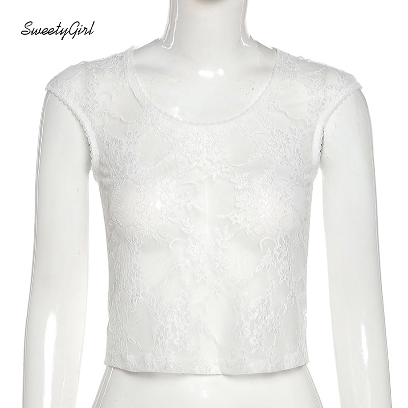 Monaa Áo Croptop Tay Ngắn Cổ Tròn Phối Ren Trong Suốt Dáng Ôm Thời Trang Cho Nữ