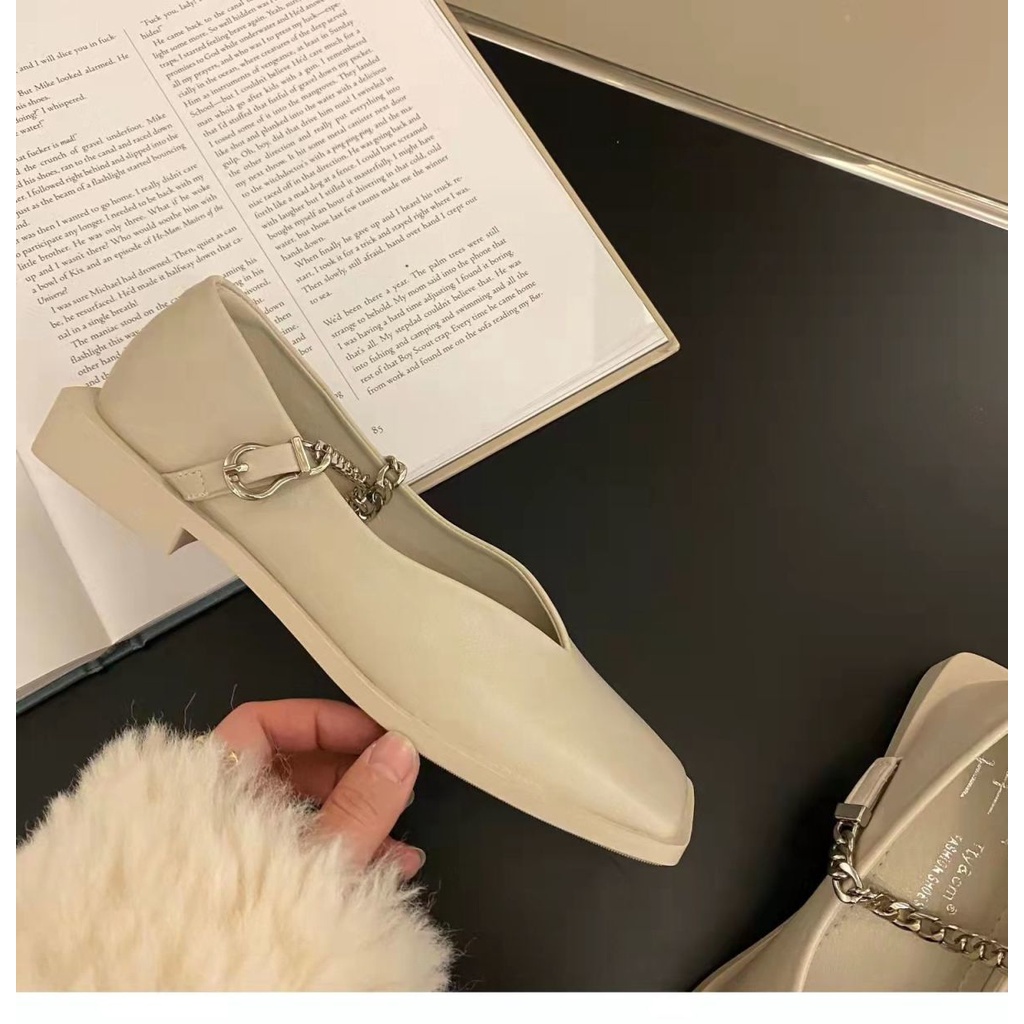 Giày Da Mũi Vuông Đế Bằng Phong Cách Pháp Cho Nữ