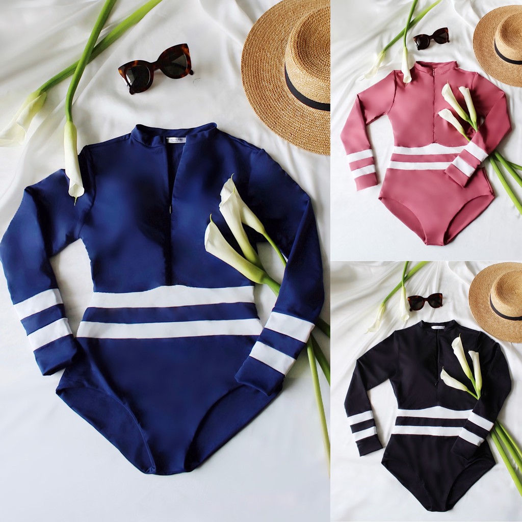 Lilas Blanc Set Đồ Bơi Bikini Nữ Liền Thân Vải Chống Nắng Dài Tay Kèm Mút Kẻ Trắng Eo Tôn Dáng Màu Sắc Xanh Đen Hồng