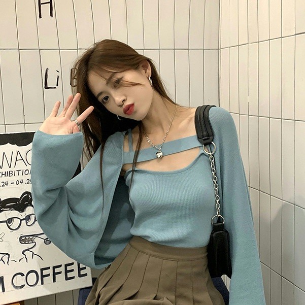 QADCOL Set Áo Dệt Kim Tay Dài Và Áo Hai Dây Thời Trang Cho Nữ