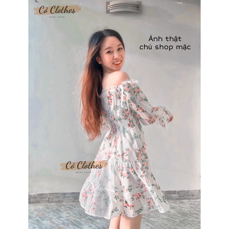 Váy hoa trễ vai chiffon Ulzzang, đầm trễ vai dáng xòe - Cỏ Clothes