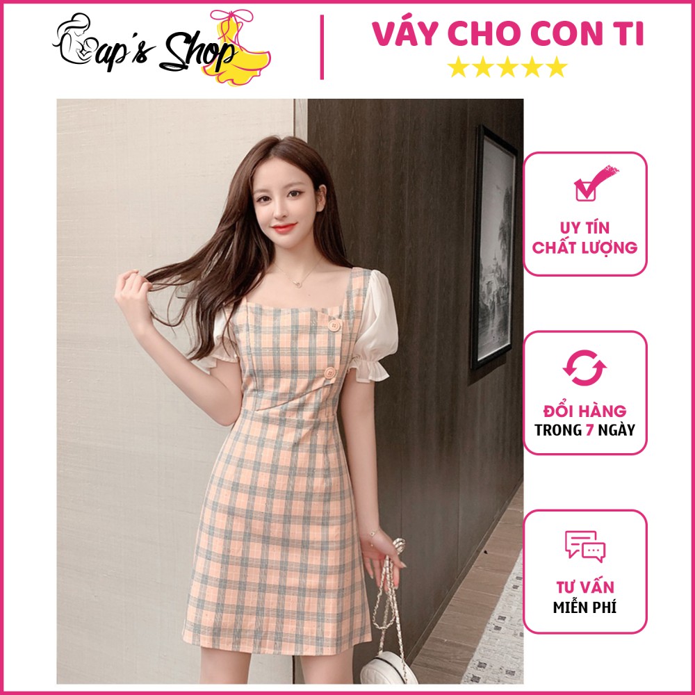 Đầm sau sinh cho con bú dáng A, kẻ caro trẻ trung, cổ vuông tay bồng tiểu thư