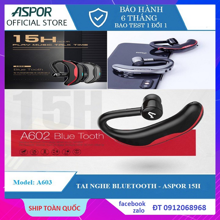 Tai Nghe Đàm Thoại Bluetooth 15H Aspor A602- Khử Nhiễu, Lọc Tiếng Ồn, Chính Hãng Aspor