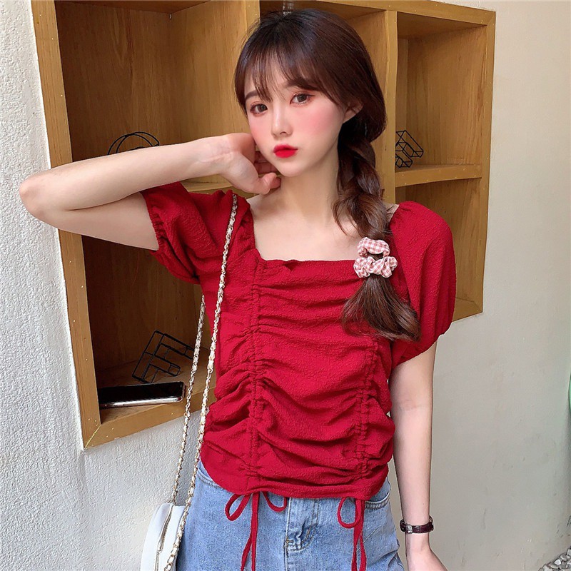 Áo Kiểu Tay Ngắn Cổ Vuông Phối Dây Rút Thời Trang Dành Cho Nữ