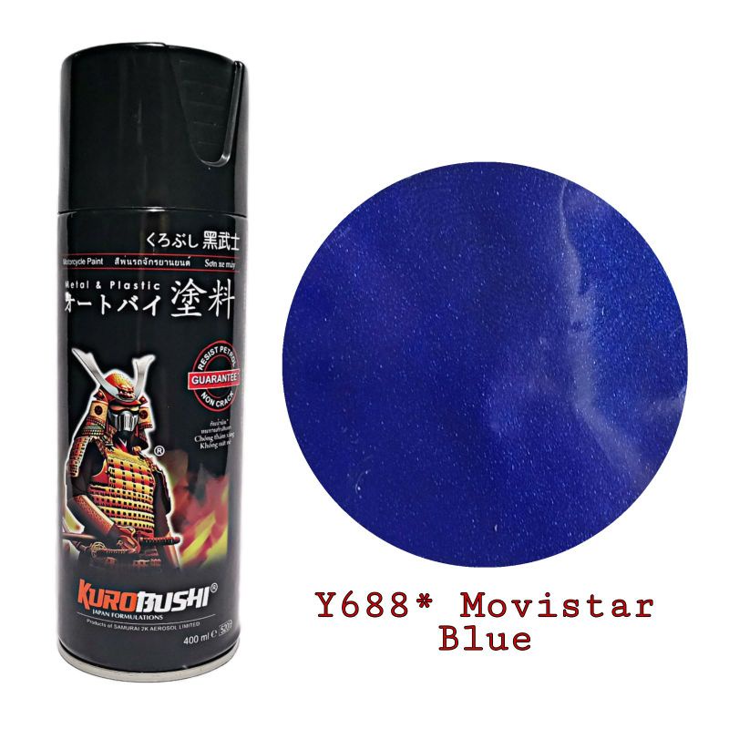 Sơn xịt Samurai màu xanh Exciter Movistar, Xanh YaZ Y688 có ánh kim lấp lánh (nên sơn trên nền bạc 124)