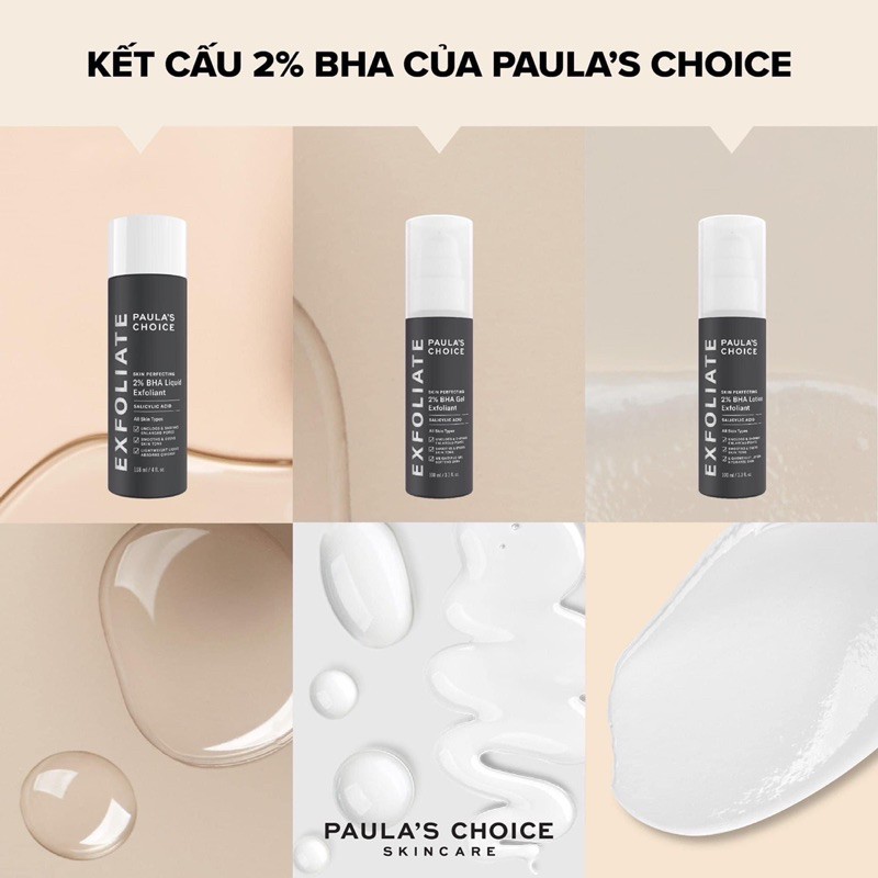 Tẩy tế bào chết hoá học Bha PC bha paula choice dạng liquid gel và lotion