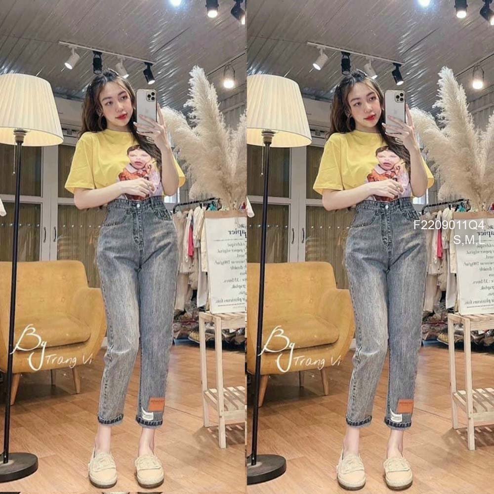 Quần baggy jean xám lai gắn mác chữ lưng cao hàng đẹp!