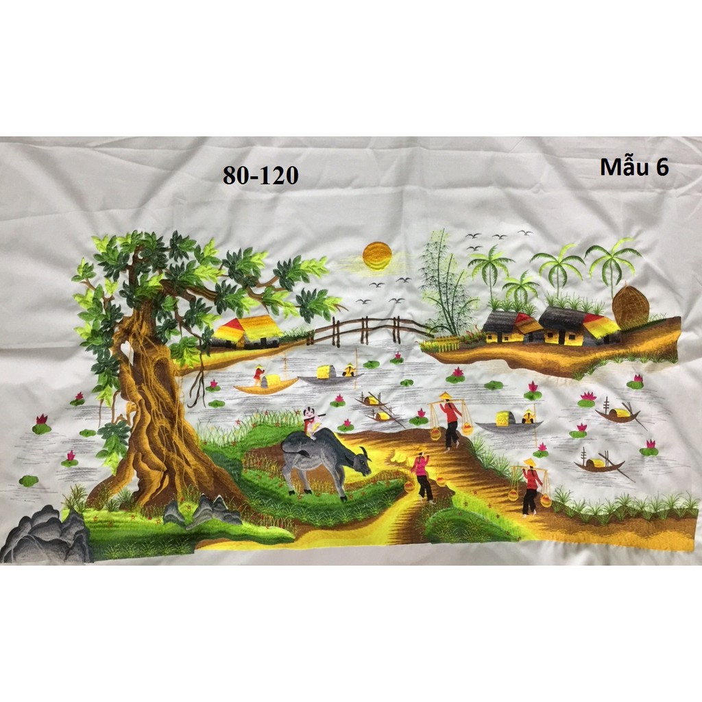 Tranh thêu Phong cảnh Làng Quê thêu vi tính thành phẩm 80x120cm