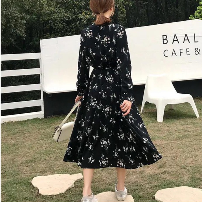 Korean style classic long-sleeve floral chiffon dress