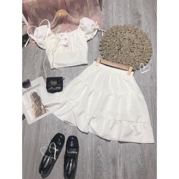 Sét Váy Áo Cổ Vuông Hoặc Trễ Vai Croptop + Chân Váy Xoè Màu Trắng ( Ảnh Thật ) | BigBuy360 - bigbuy360.vn