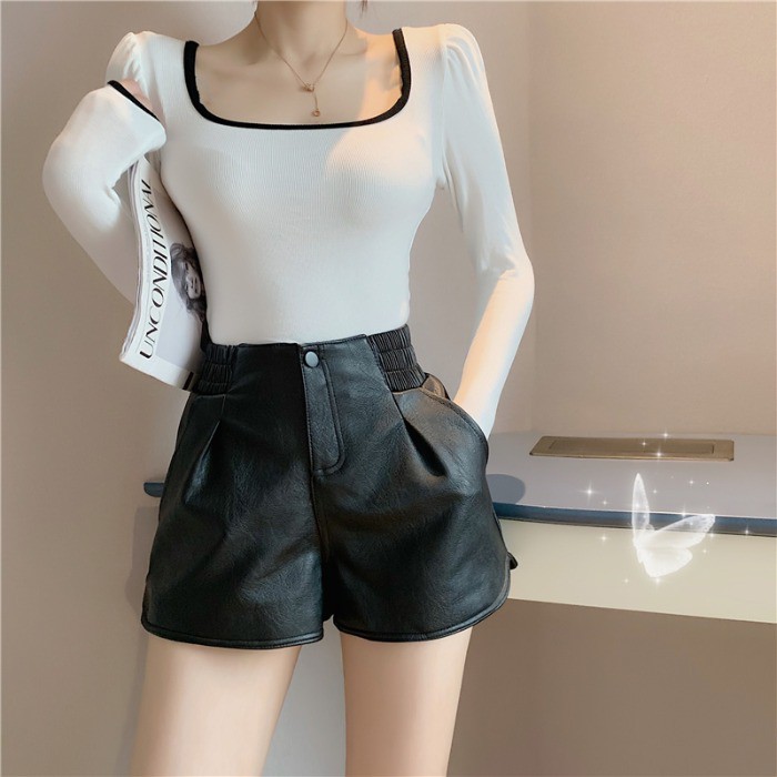 Quần short da PU ống rộng phong cách hàn quốc thời trang cho nữ