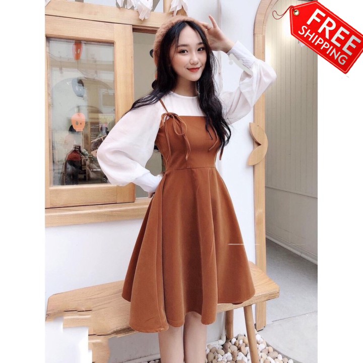 Set đầm yếm cát hàn cực xinh dạo phố