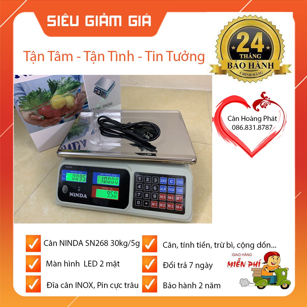 [ RẺ VÔ ĐỊCH ] CÂN ĐIỆN TỬ TÍNH TIỀN NINDA SN268 30Kg/5gam. MÀN HÌNH 2 MẶT. BẢO HÀNH 2 NĂM