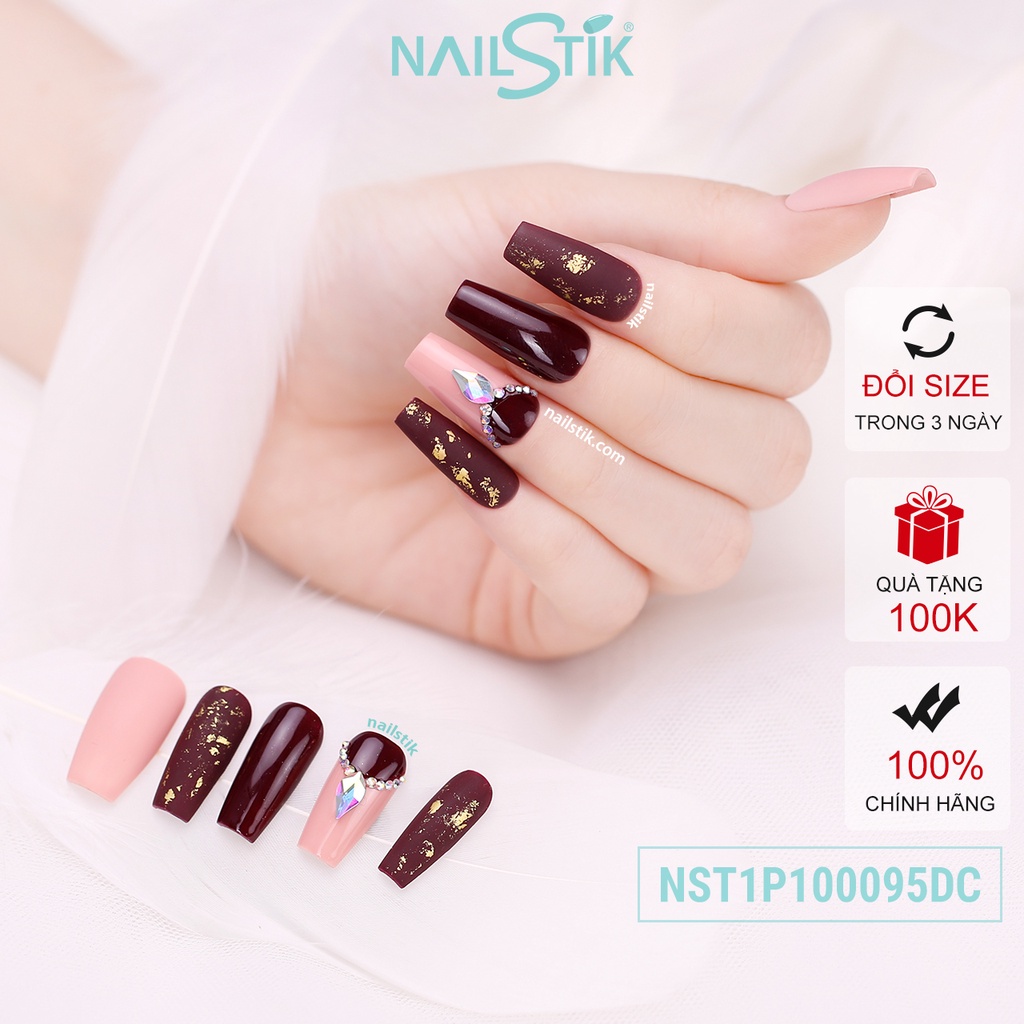 Móng úp thiết kế by NAILSTIK, màu đỏ hồng, form móng coffin, dài 095