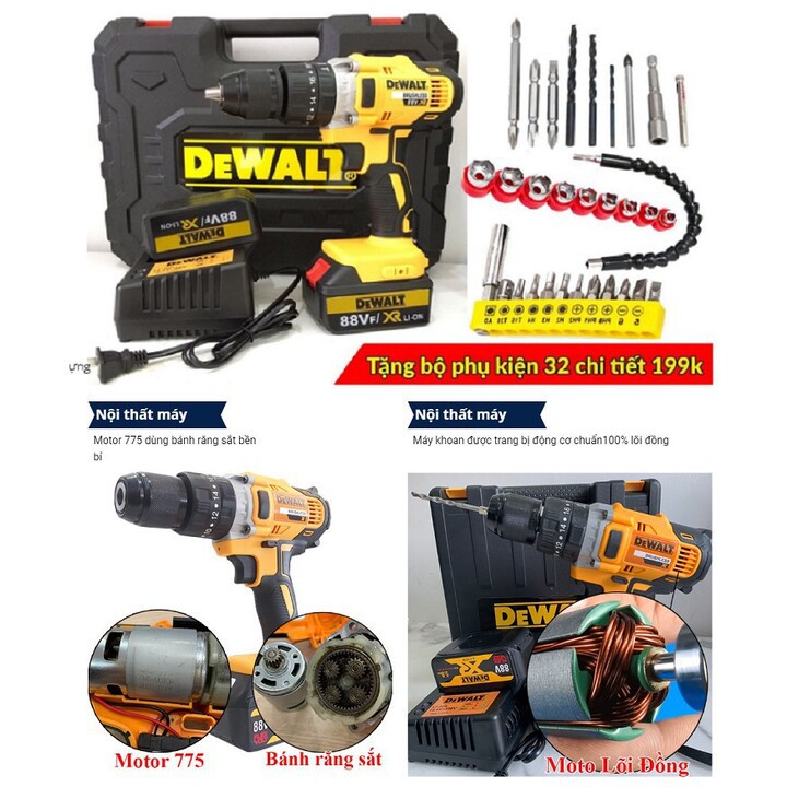 Máy Khoan pin DEWALT 88V 3 chức năng, CÓ BÚA, LÕI ĐỒNG, PIN KHỦNG 10 CELL - TẶNG MŨI BẮN TÔN, VÍT