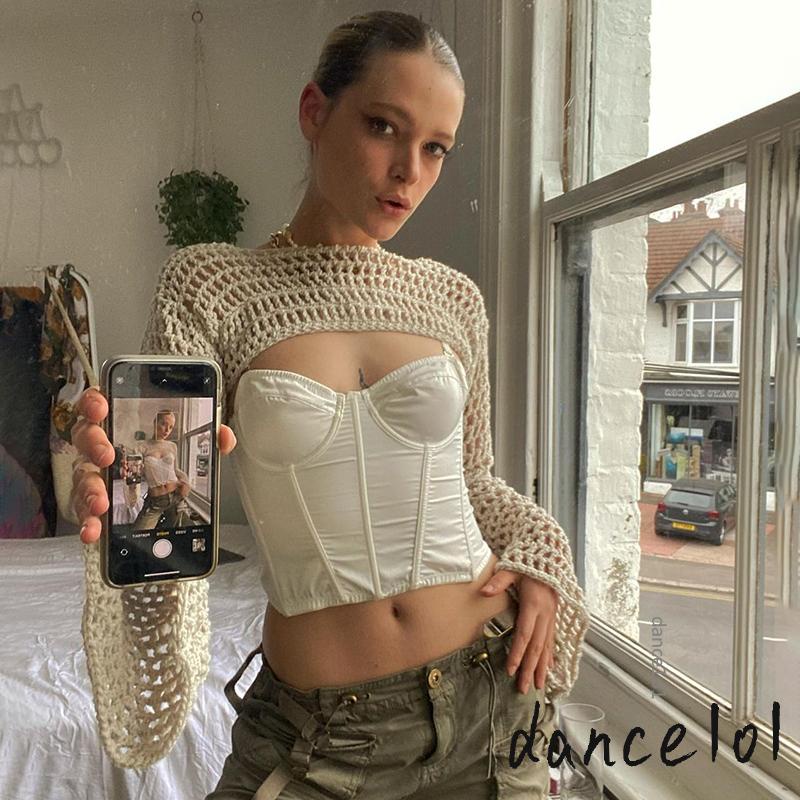 Áo Dệt Kim Khoét Rỗng Phong Cách Vintage Khiêu Vũ1O1-Y2K Cho Nữ