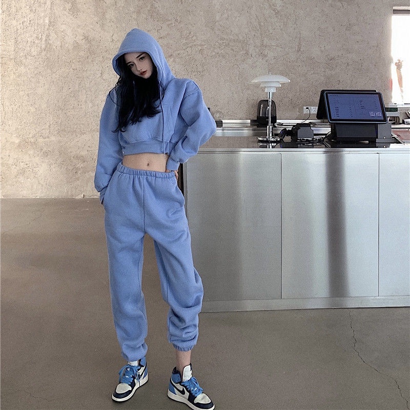 Cotton ins fashion autumn winter sports suit women's lazy style Korean version Plush Hoodie loose Leggings two-piece set