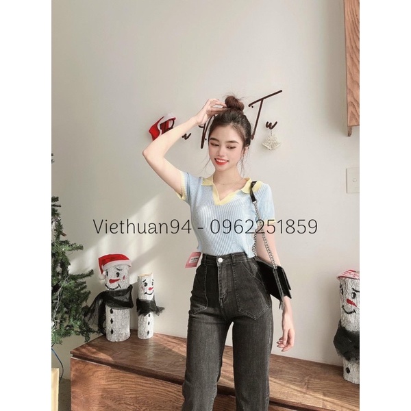 Quần jeans basic ống đứng lưng cao túi đắp xám chất giãn đẹp