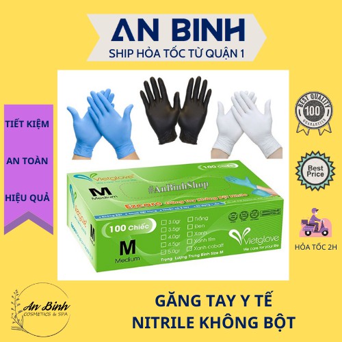 (Q1-HCM) Bao Tay Y Tế Không Bột Vietglove Chất Liệu Nitrile (Hộp 100 chiếc) - Bao Tay Cao Su Không Bột Màu Đen-Màu Xanh